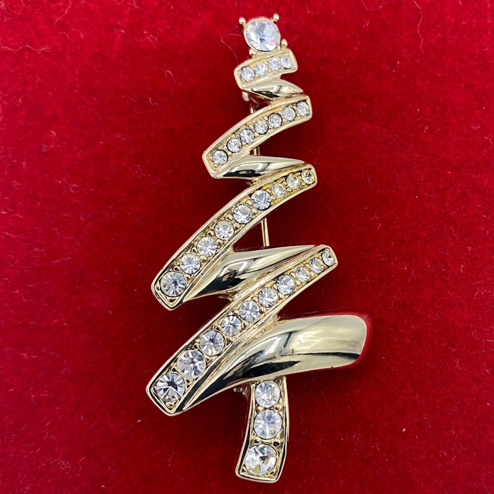 MONET Gold and Silver Christmas Holiday Tree Brooch Rhinestones